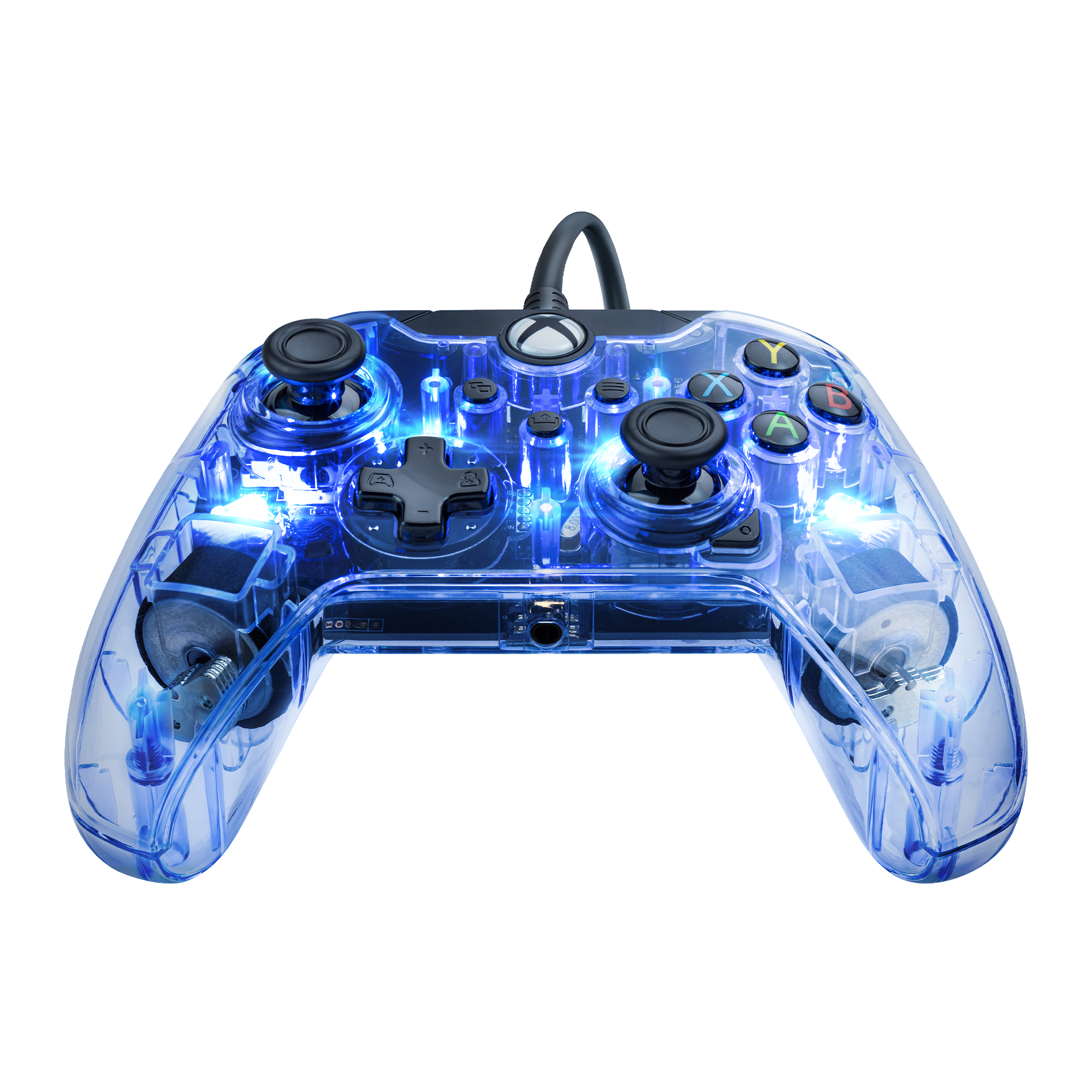 Transparenter blauer Xbox-Controller mit beleuchteten Tasten und Kabel.