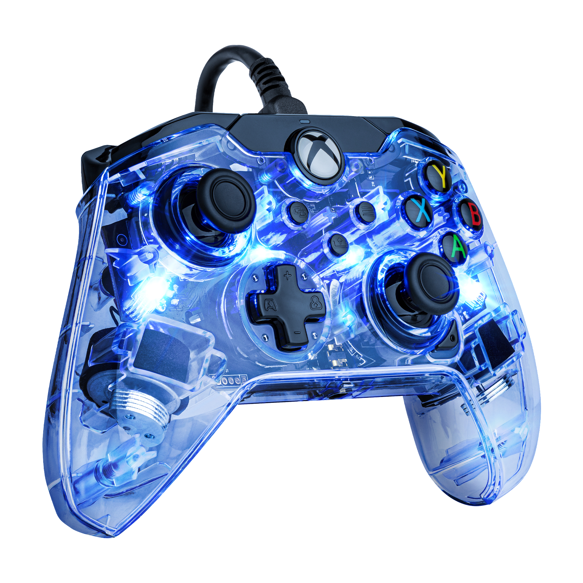Transparenter Xbox-Controller mit blauen Lichtern. Knöpfe und Analog-Sticks vor weißem Hintergrund.
