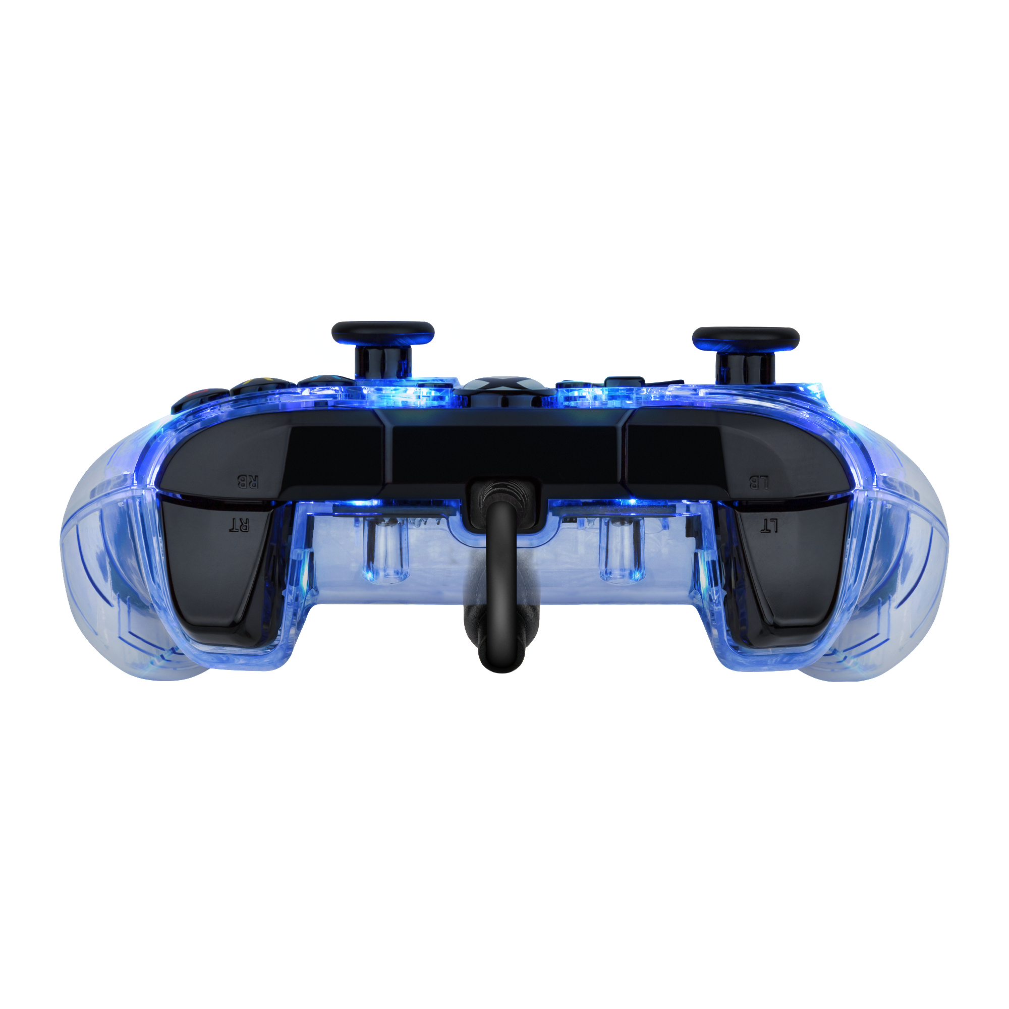 Ein durchsichtiger, blauer Game-Controller mit schwarzen Knöpfen und Sticks.