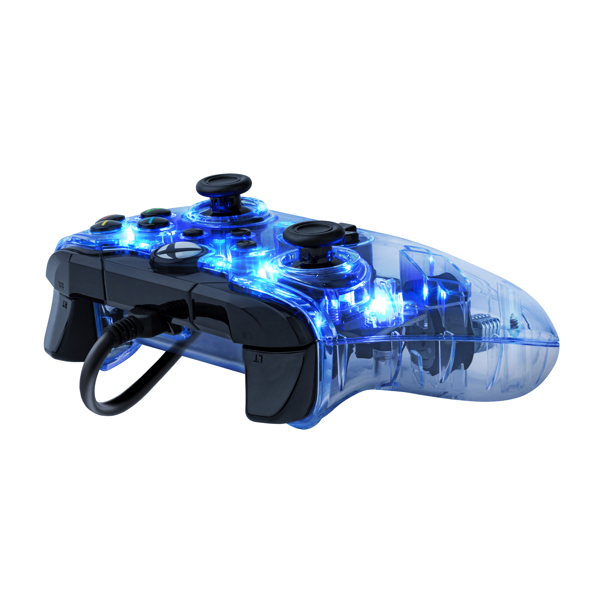 Ein durchsichtiges Gamepad mit blauen Lichtern. Knöpfe und Joysticks sind schwarz.
