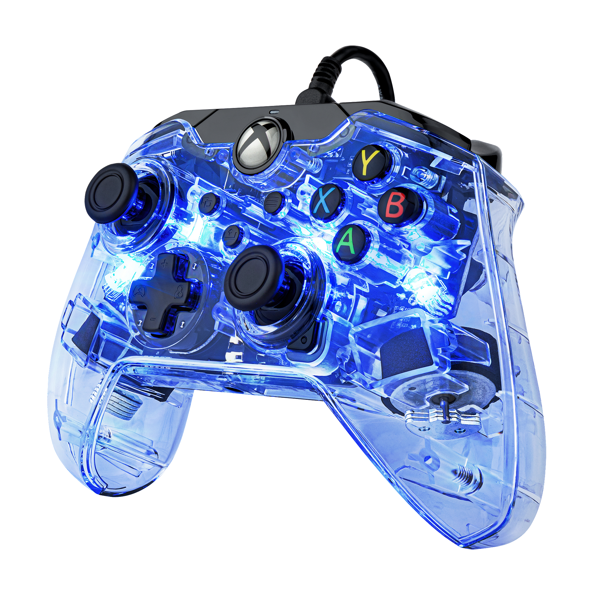 Ein durchscheinender blauer Xbox-Controller mit beleuchteten Tasten und einem schwarzen Kabel.
