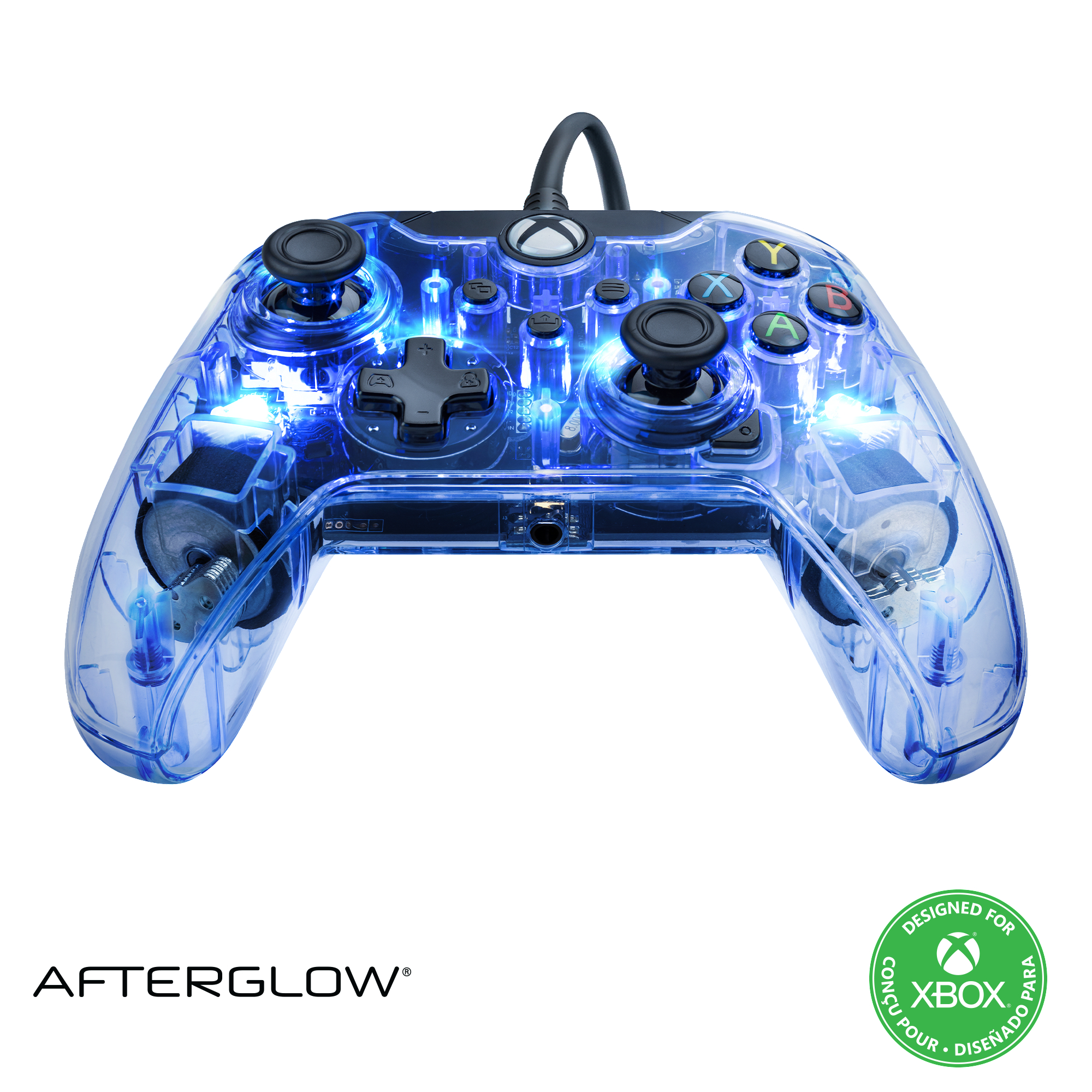 Blauer, transparenter Gaming-Controller mit Knöpfen, weißer Hintergrund.