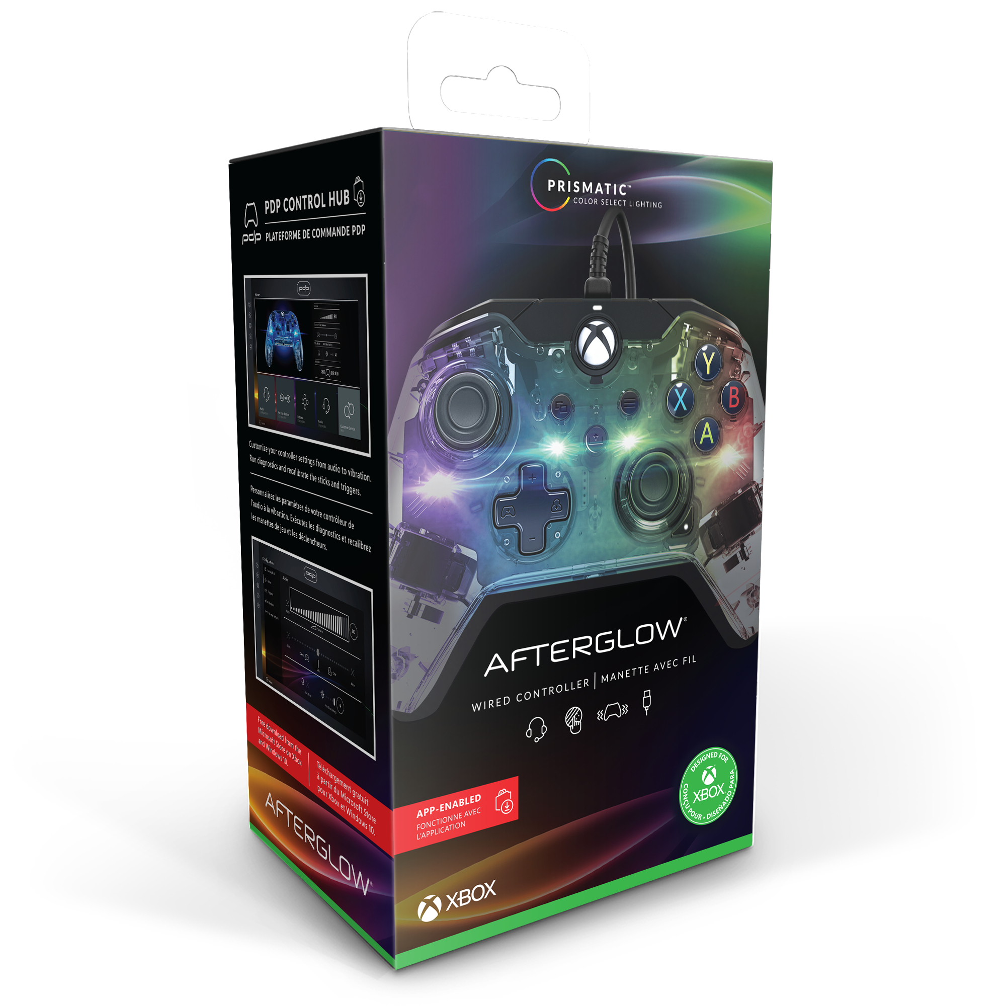 Eine Spielcontroller-Box mit einem transparenten Controller im Inneren, bunte Lichter.