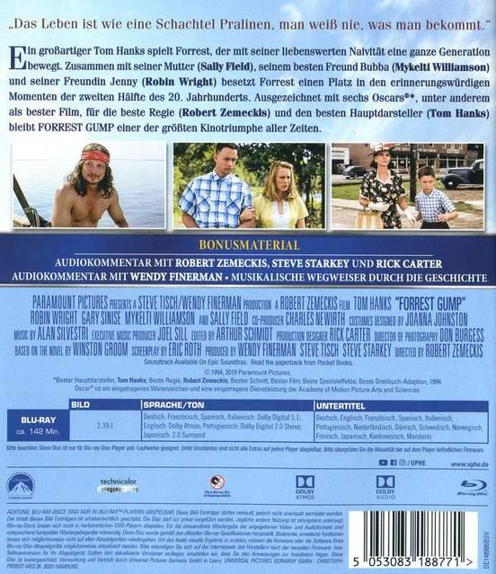 Rückseite der „Forrest Gump“-DVD mit den Schauspielern Tom Hanks und Sally Field. Text und Bilder vorhanden.