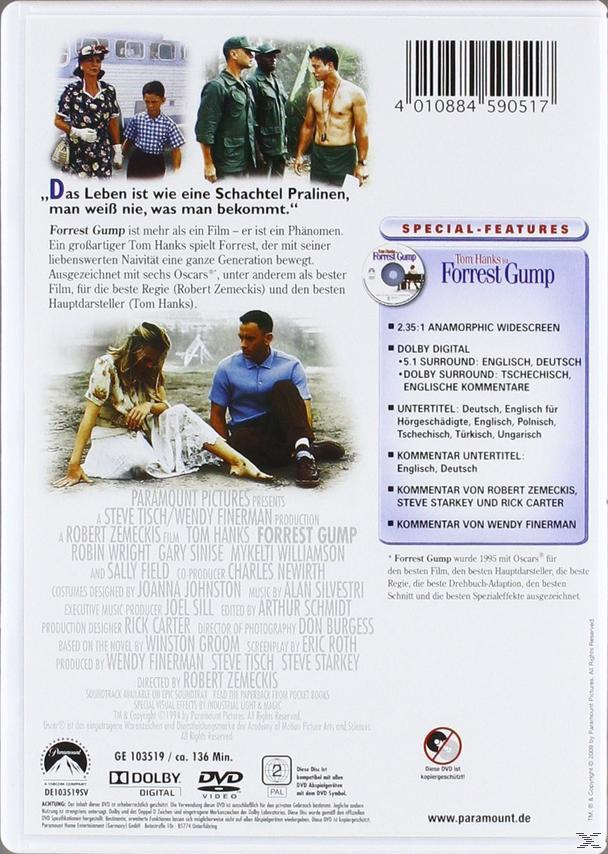 DVD-Cover von Forrest Gump. Tom Hanks in verschiedenen Szenen. Text und Filmdetails im Hintergrund.