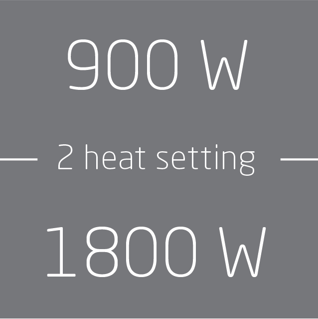 Der Text lautet: 900 W - 2 Heizstufen - 1800 W, auf grauem Hintergrund.