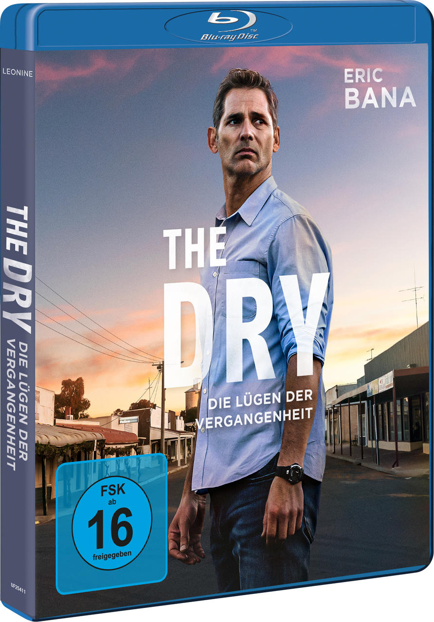 Ein Blu-ray-Disc-Cover für den Film 'The Dry' mit Eric Bana vor einem Sonnenuntergangshintergrund.
