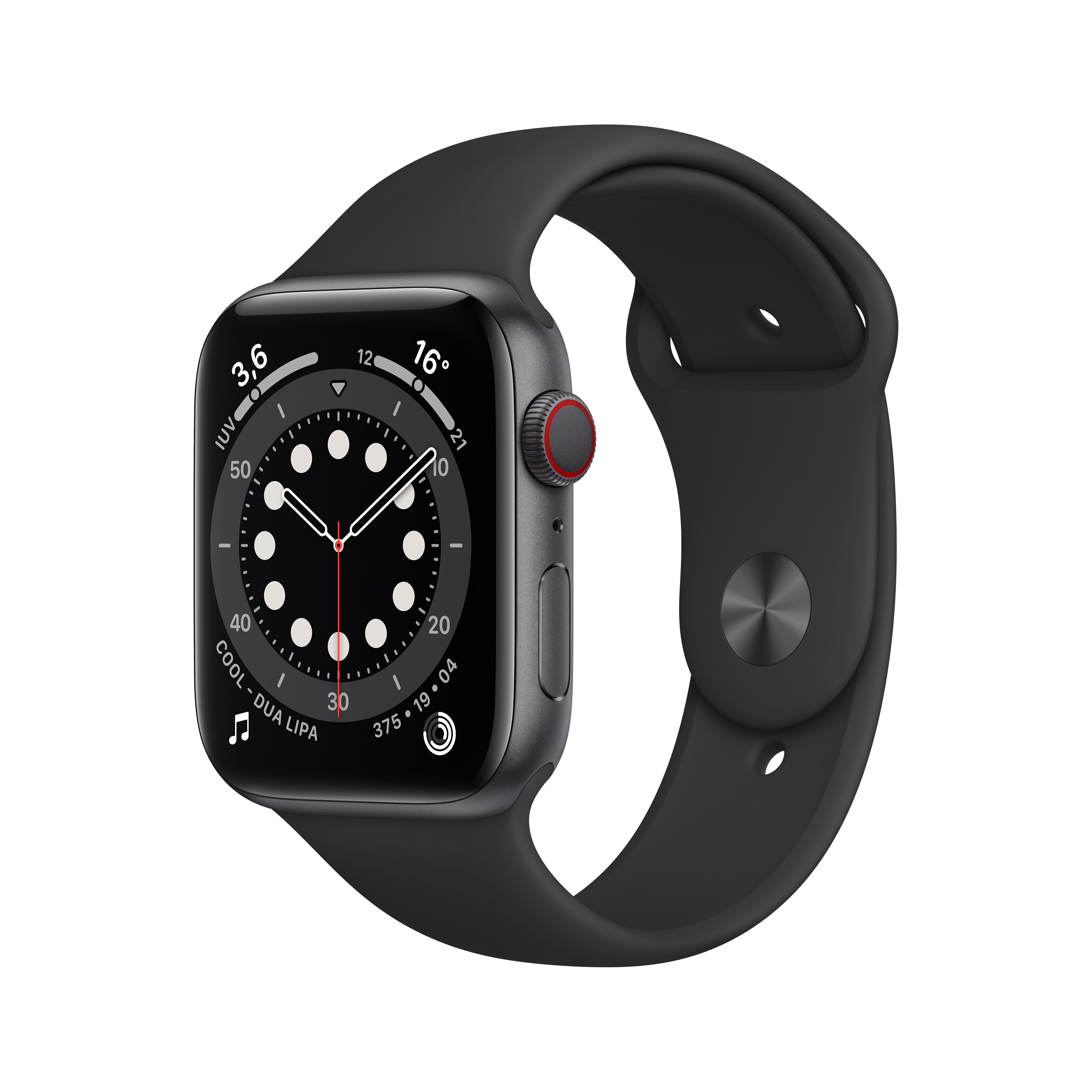 Apple Watch Series 6, GPS+CELL, 44 mm, Caja de aluminio en gris espacial, Correa deportiva negra