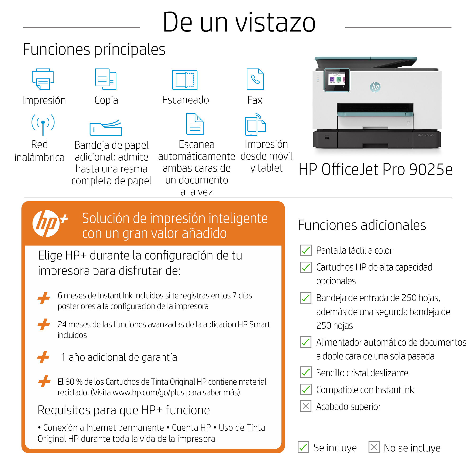 Impresora multifunción - HP OfficeJet Pro 9025e, Color, Wifi, 20 ppm, 6 meses de impresión Instant Ink con HP+