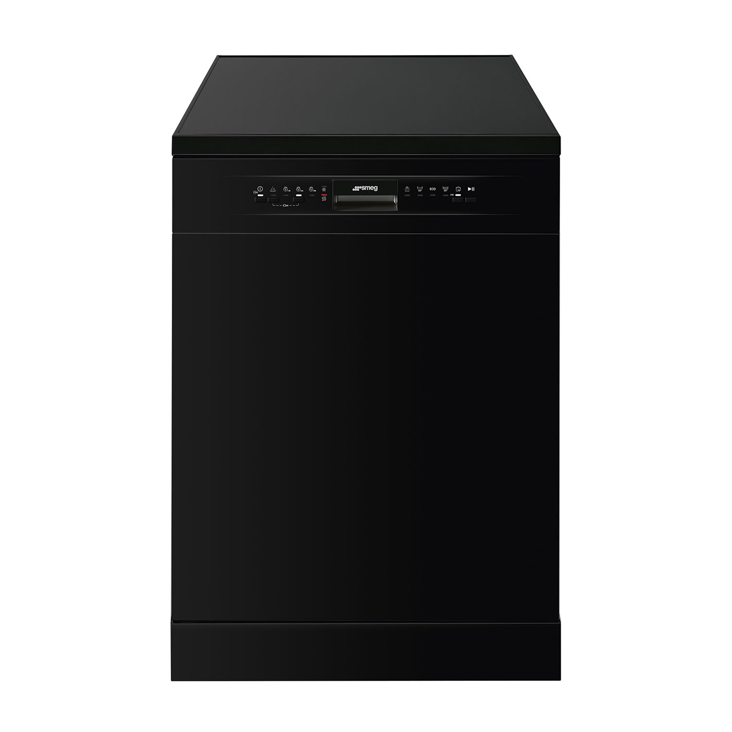 Lavastoviglie Smeg nera. Pannello frontale con pulsanti di controllo e un piccolo display. Design pulito e moderno.