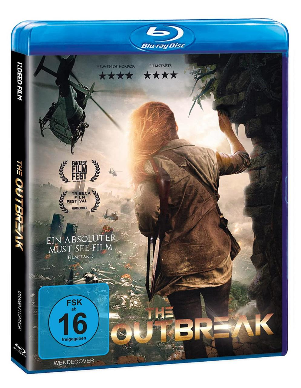 Blu-ray-Disc-Cover von "The Outbreak" mit einer Person, die nach einem Hubschrauber greift.
