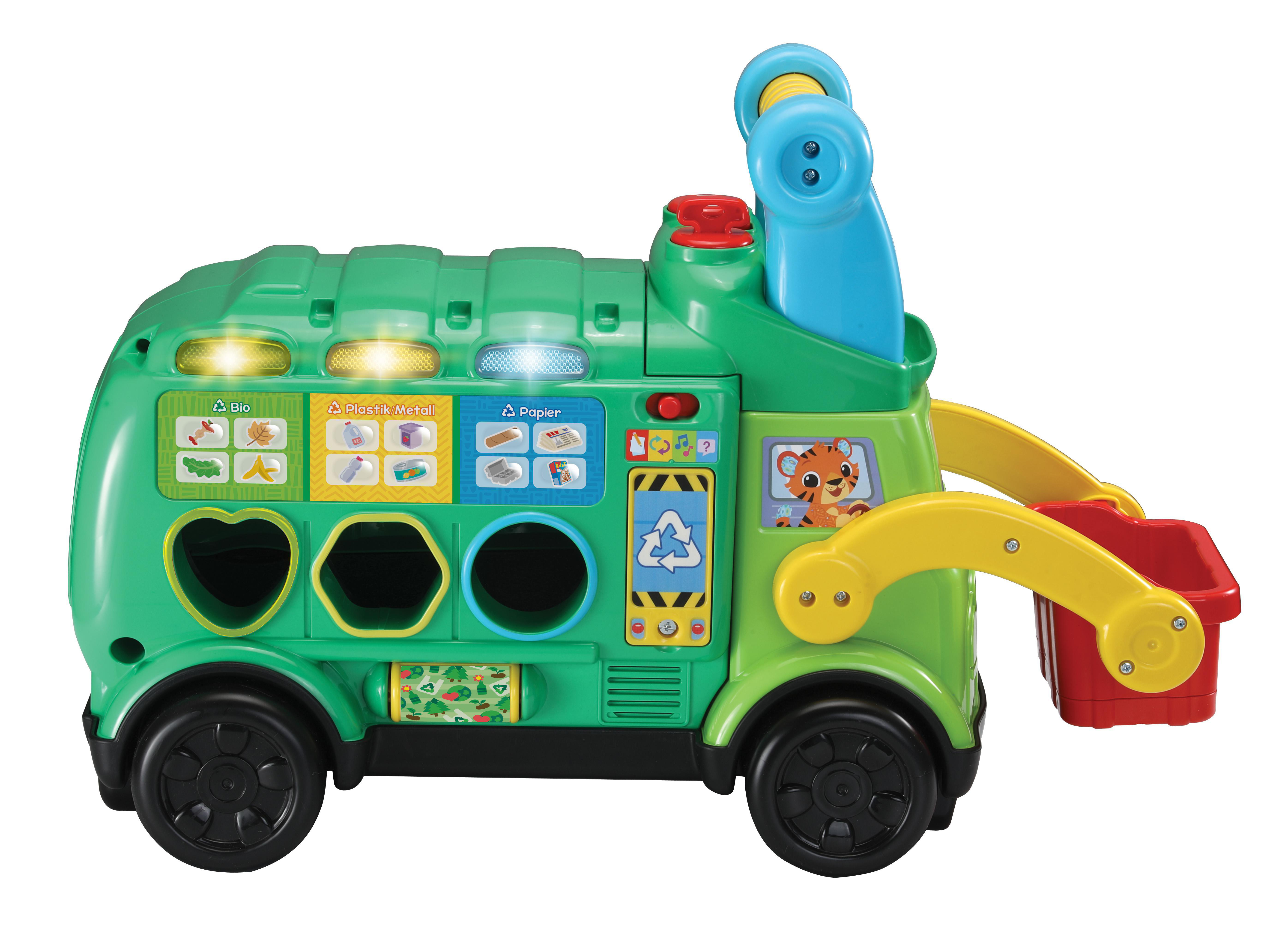 Ein grüner Spielzeug-Müllwagen mit Recycling-Symbolen und einer Tiger-Illustration.
