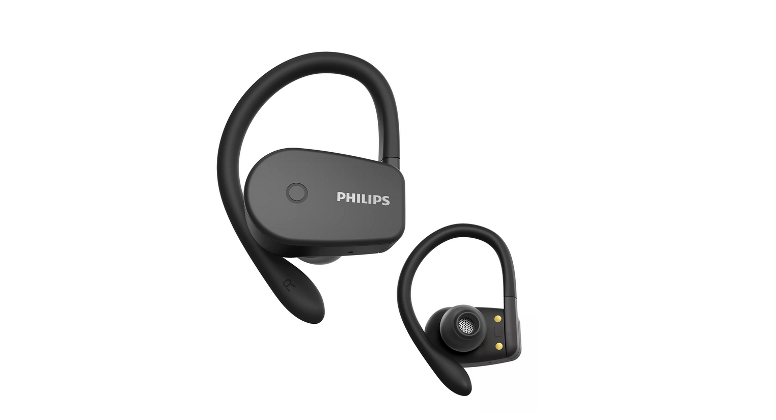 Zwei schwarze kabellose Philips-Ohrhörer mit Ohrbügeln und Ladeanschluss auf weißem Hintergrund.
