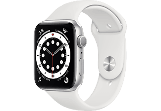 Apple Watch Series 6, GPS, 44 mm, Caja de aluminio en plata, Correa deportiva blanca