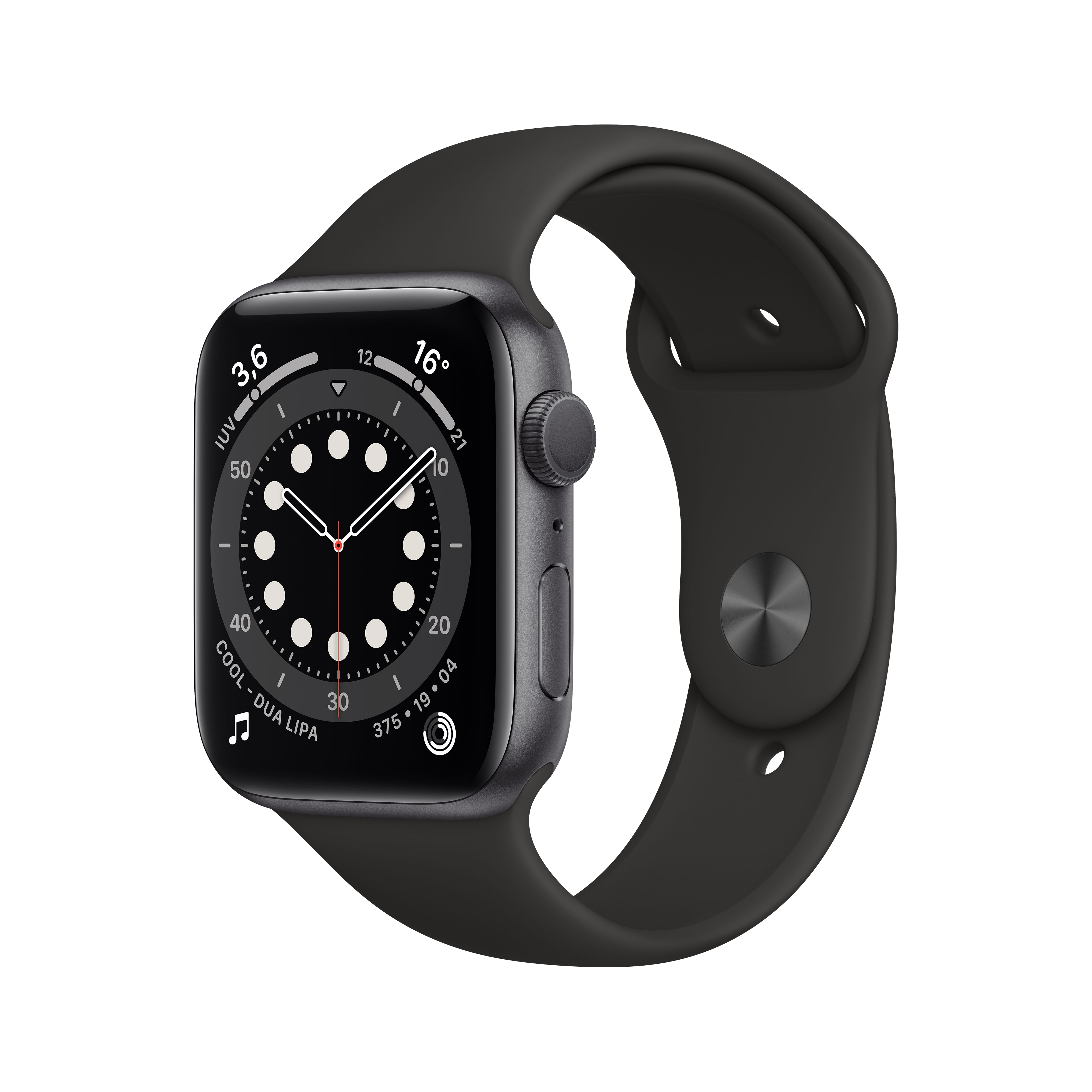 Apple Watch Series 6, GPS, 44 mm, Caja de aluminio en gris espacial, Correa deportiva negra