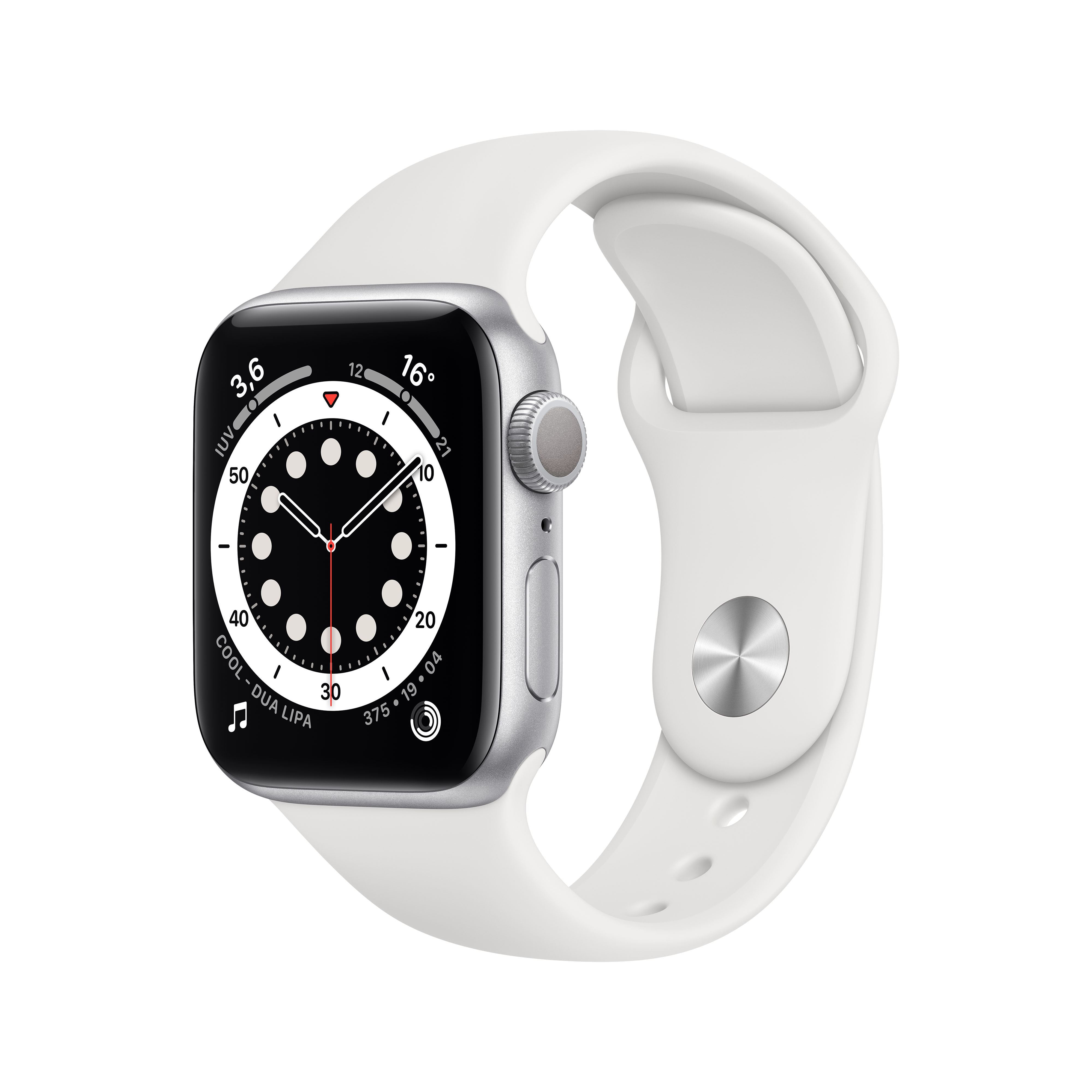 Apple Watch plateado con banda blanca. La pantalla muestra la hora.