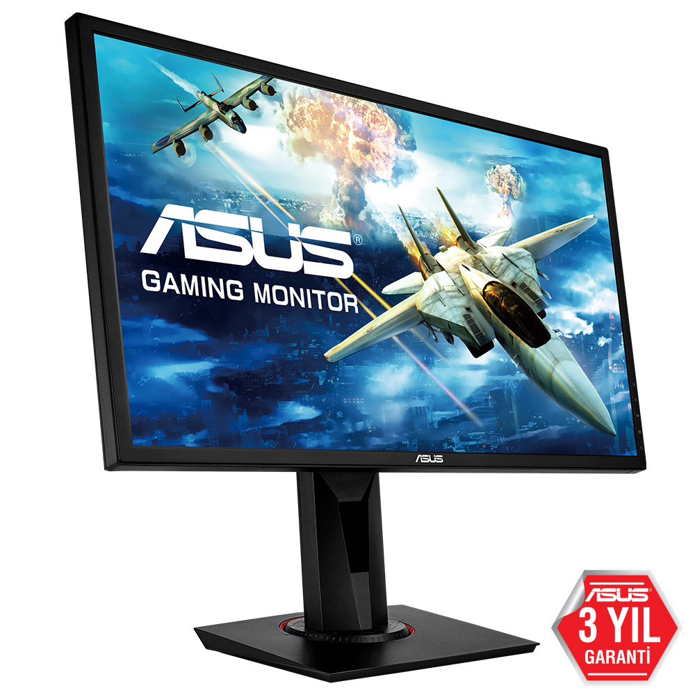 Bir Asus oyun monitörü, bir logo ve garanti rozeti ile bir jet savaşçısı sahnesi görüntülüyor.