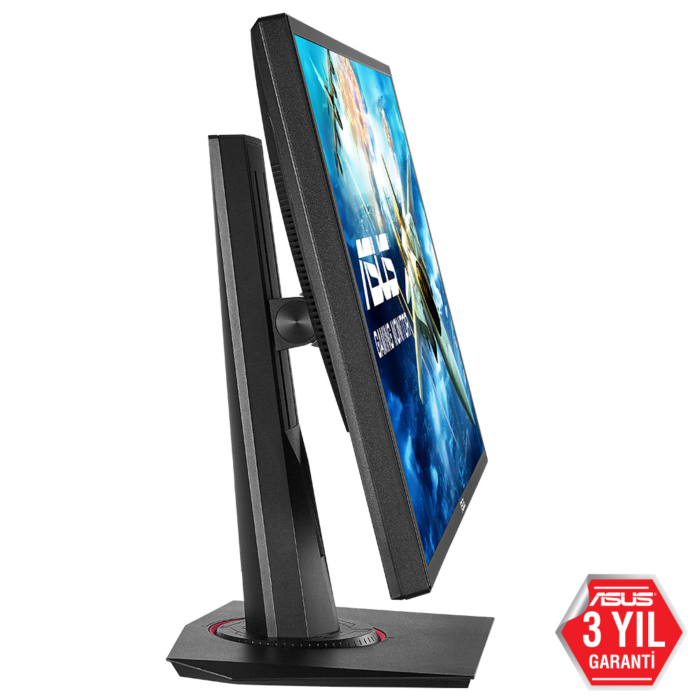 Yan görünümde bir ASUS monitör. Monitör siyahtır ve kırmızı bir tabana sahiptir.
