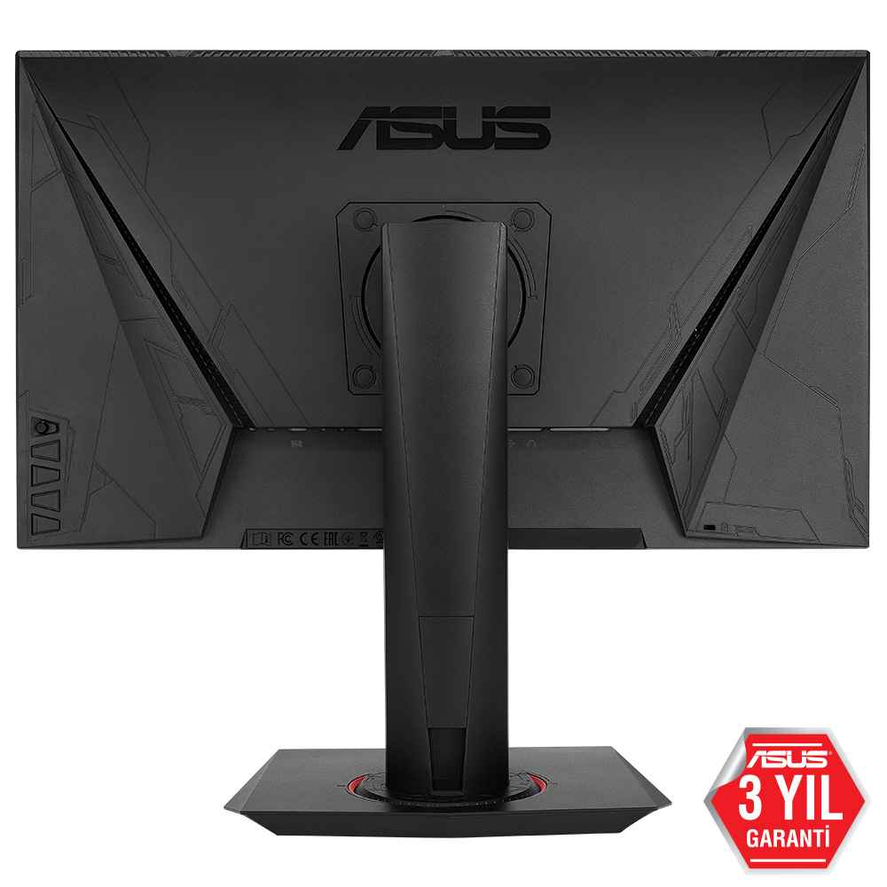 Bir ASUS oyun monitörünün arkası. Geometrik desenlerle siyah. Kırmızı ve gri vurgular.