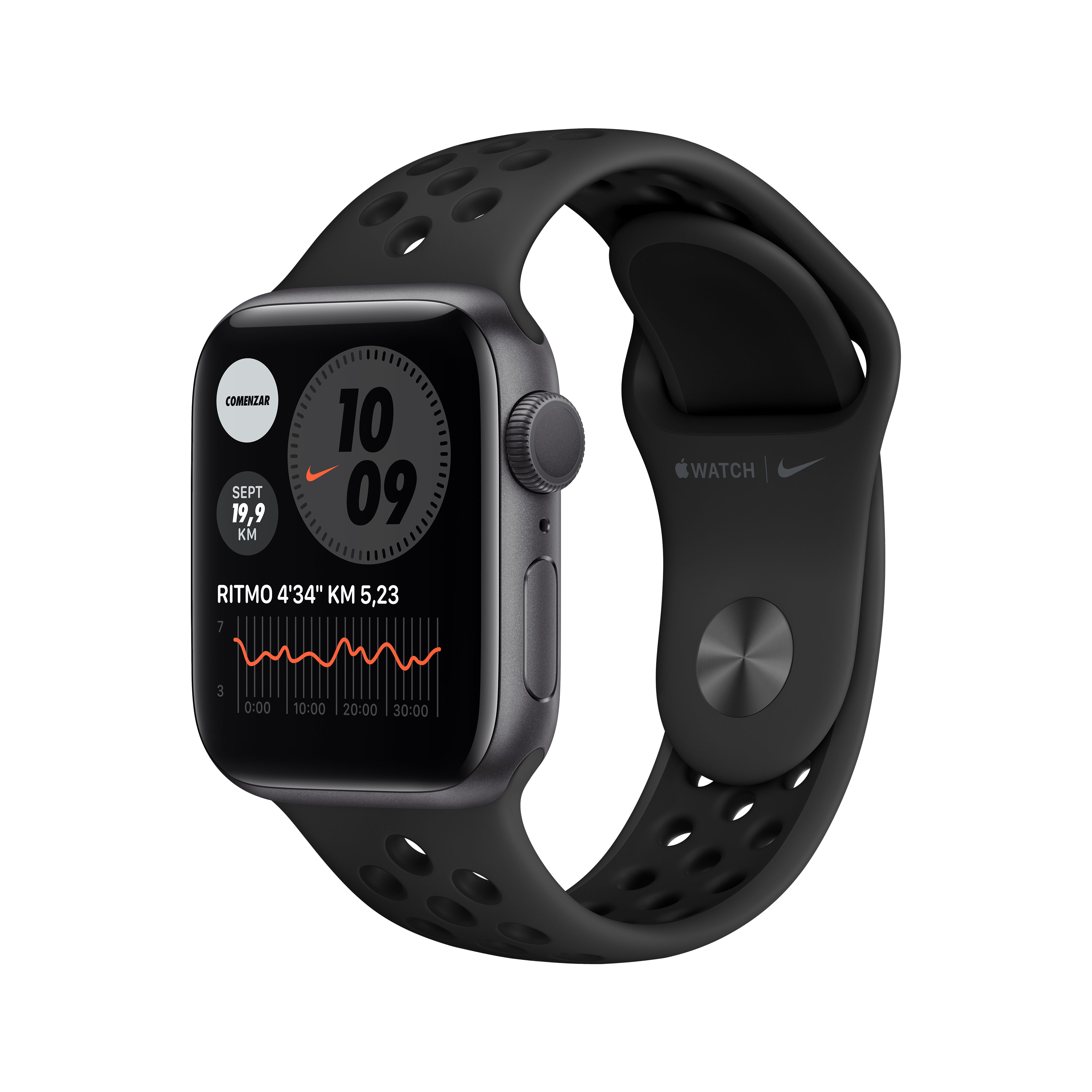 Apple Watch Nike negra con correa negra, mostrando la esfera del reloj.