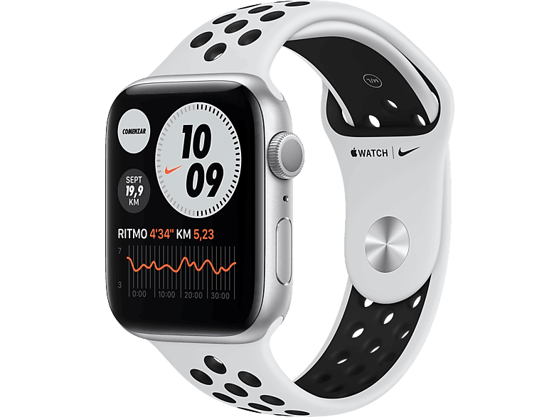 Apple Watch Nike Series 6, GPS, 44 mm, Caja de aluminio en plata, Nike Sport Platino