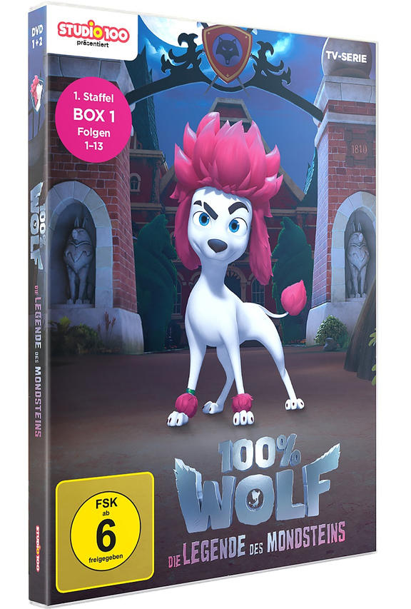 DVD-Hülle mit Zeichentrickpudel. Der Titel lautet 100% Wolf, und die DVD ist für die Episoden 1-13.