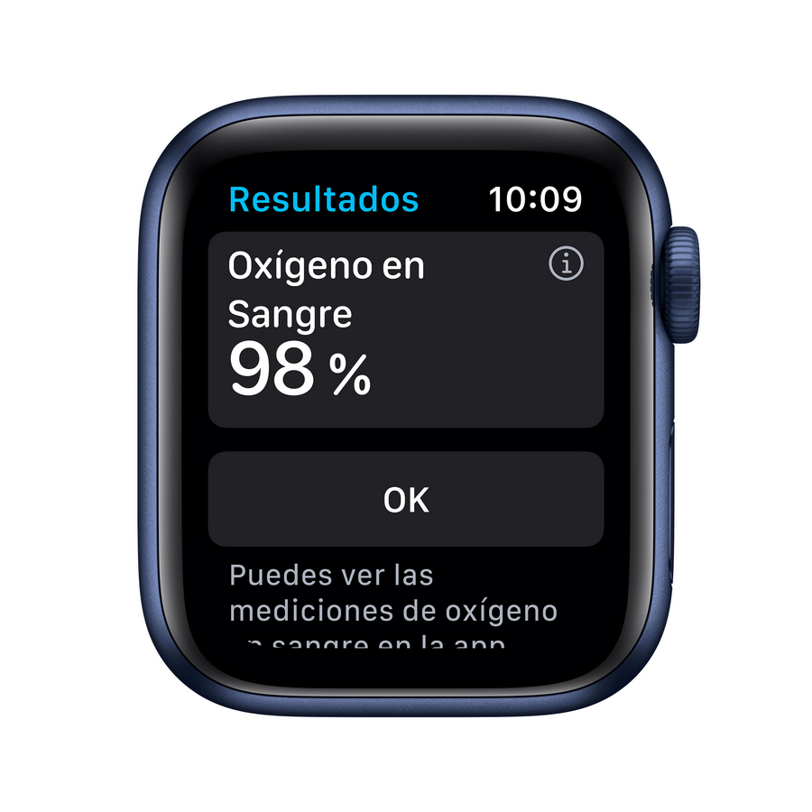 Pantalla del Apple Watch que muestra el nivel de oxígeno en sangre al 98% en español.