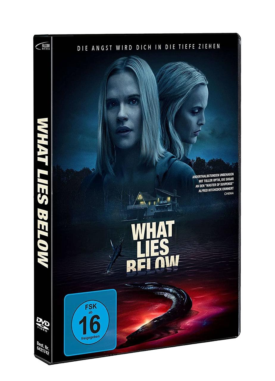 DVD-Cover für 'What Lies Below', mit zwei Frauen und einer Kreatur in einer dunklen, wasserreichen Umgebung.