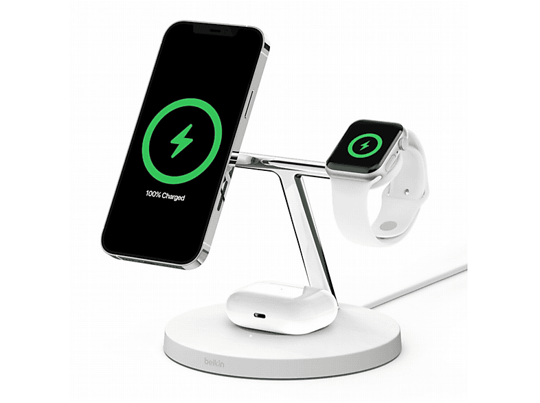 Caricabatterie Magsafe BELKIN BoostCharge Pro, stazione di ricarica wireless magnetica 3 in 1 con Qi2 da 15W per iPhone e Apple Watch Airpods, Bianco