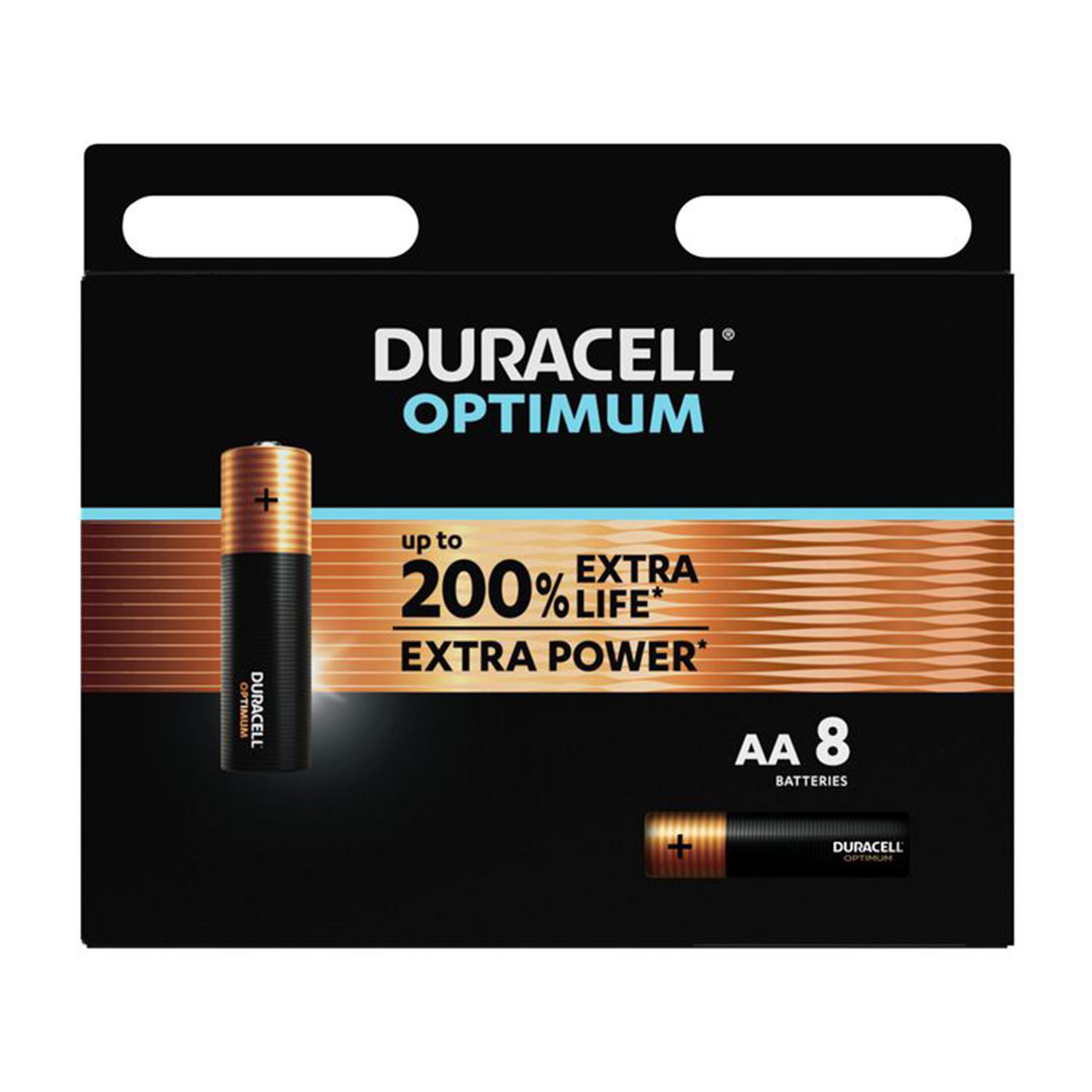 Pile Duracell Optimum AA. Scatola nera, pile arancioni e dorate. Sfondo bianco.