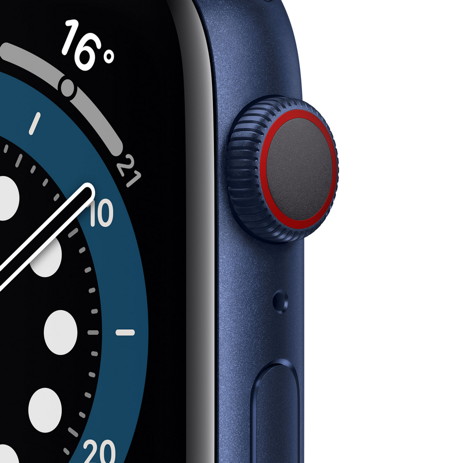 Primer plano de un reloj inteligente azul con esfera negra y roja. La hora es 10:21 y la temperatura 16°.