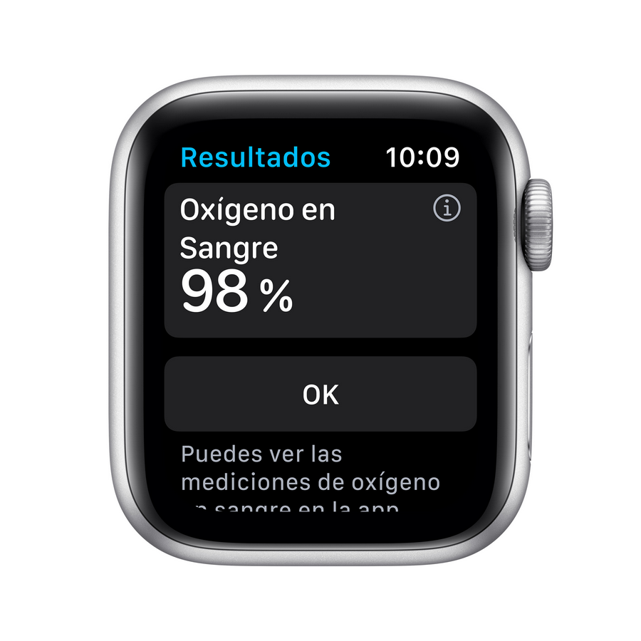 Pantalla del Apple Watch mostrando nivel de oxígeno en sangre del 98% y texto 'OK' en español. Reloj plateado.