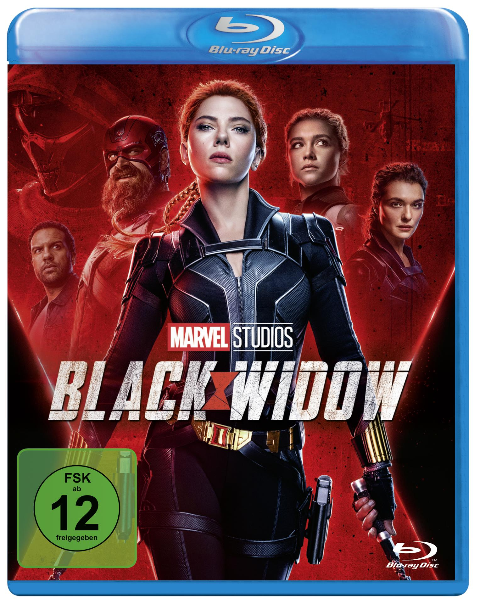 Blu-ray-Disc-Cover von Black Widow. Scarlett Johansson in der Mitte. Andere Charaktere im Hintergrund.