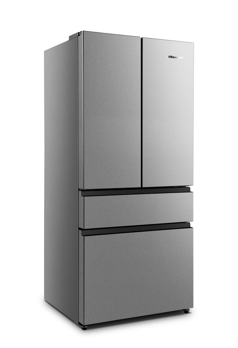 Silberner Hisense Kühlschrank mit 3 Türen und einer Gefrierschublade. Die Oberfläche ist gebürsteter Stahl.