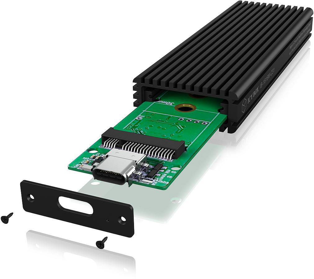 Zerlegte schwarze ICY BOX mit grüner Leiterplatte und USB-C-Anschluss.
