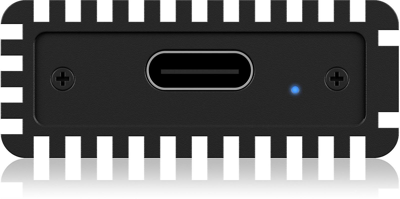 Eine Nahaufnahme eines schwarzen Geräts mit einem USB-C-Anschluss und einem blauen Licht.