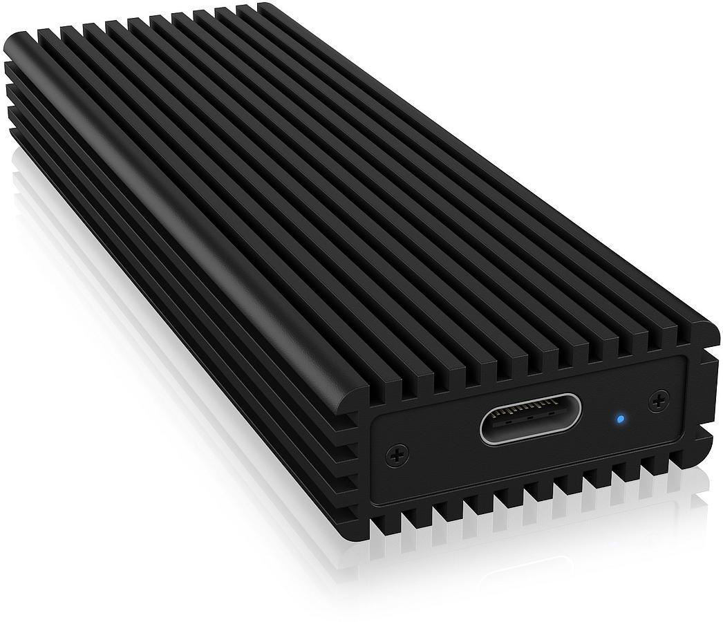 Schwarze, rechteckige externe SSD mit USB-C-Anschluss und blauer LED-Anzeige.