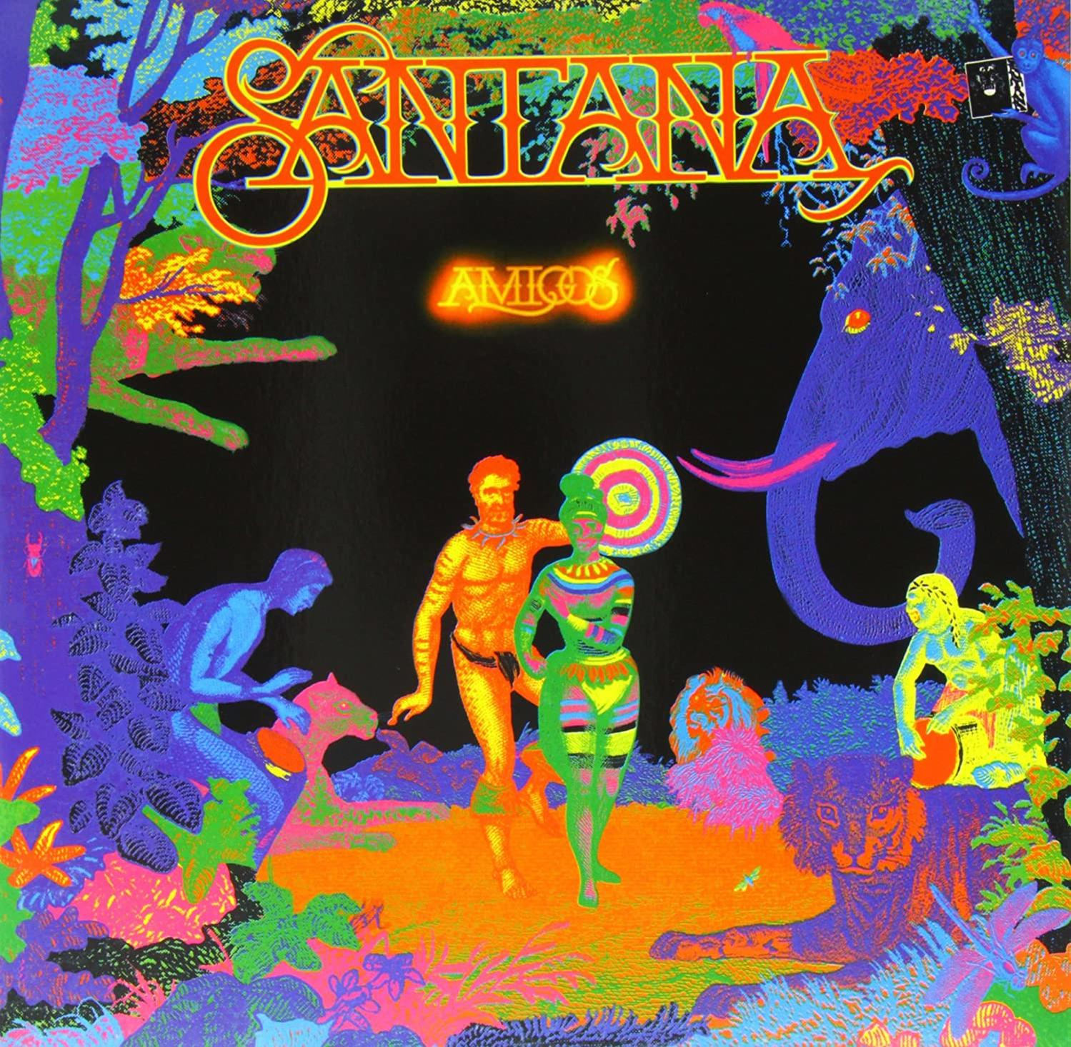 Santana 'Amigos' című albumának borítója. Színes, szürreális művészet figurákkal és egy elefánttal sötét környezetben.