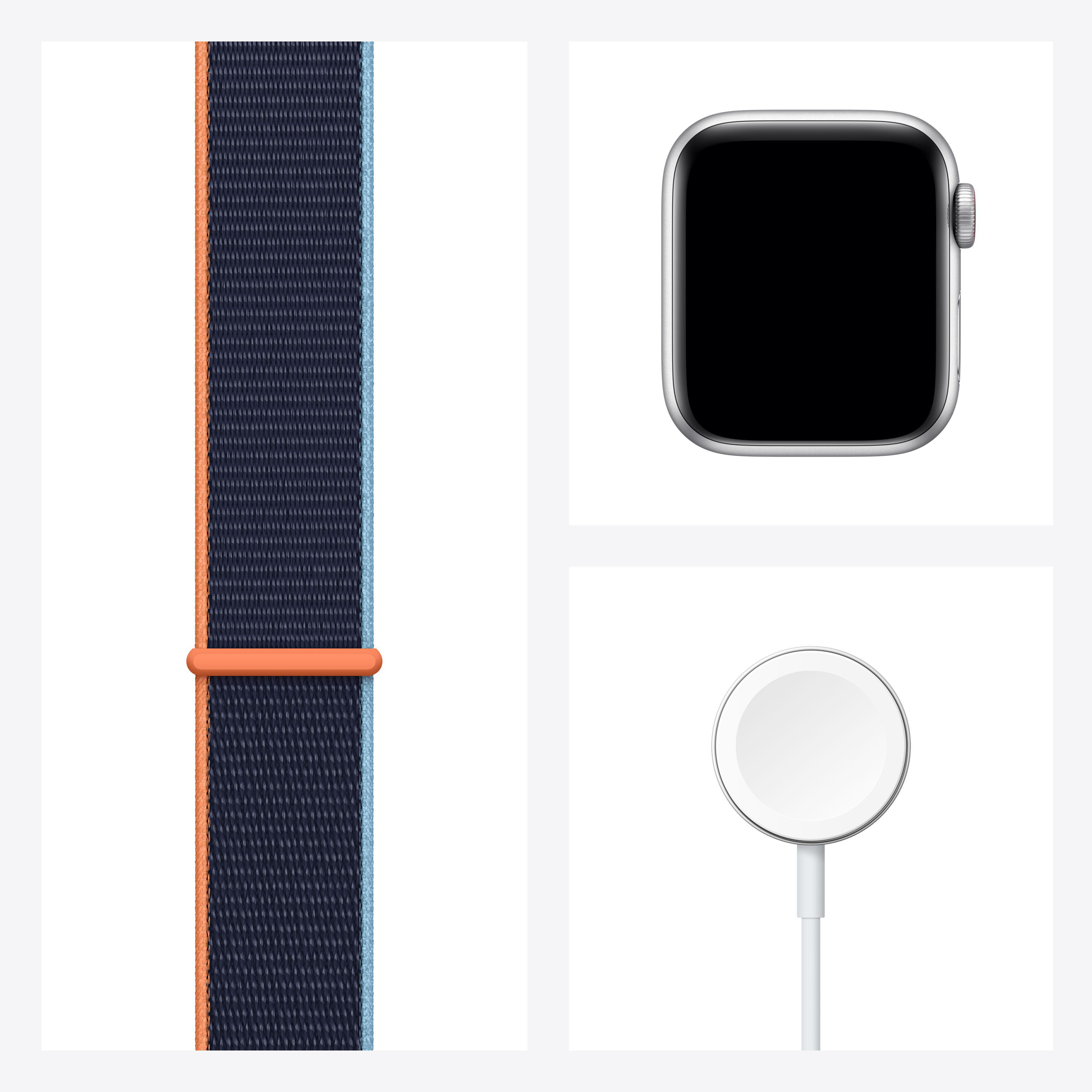 APPLE Watch SE (GPS + Cellular) 40mm Smartwatch Aluminium Nylon, 130 - 200 mm, Armband: Dunkelmarine, Gehäuse: Silber