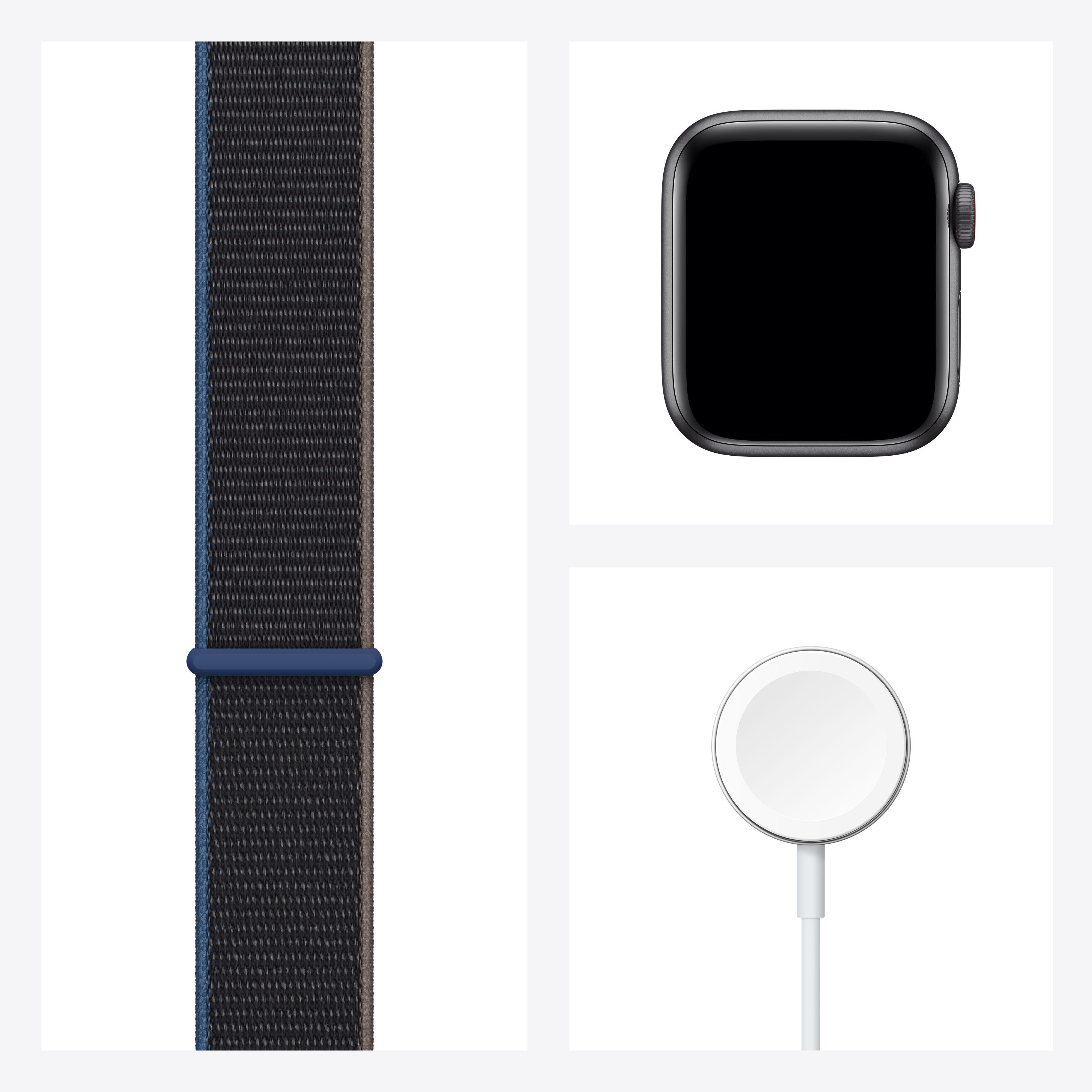 APPLE Watch SE (GPS + Cellular) 40mm Smartwatch Aluminium Nylon, 130 - 200 mm, Armband: Kohlegrau, Gehäuse: Space Grau
