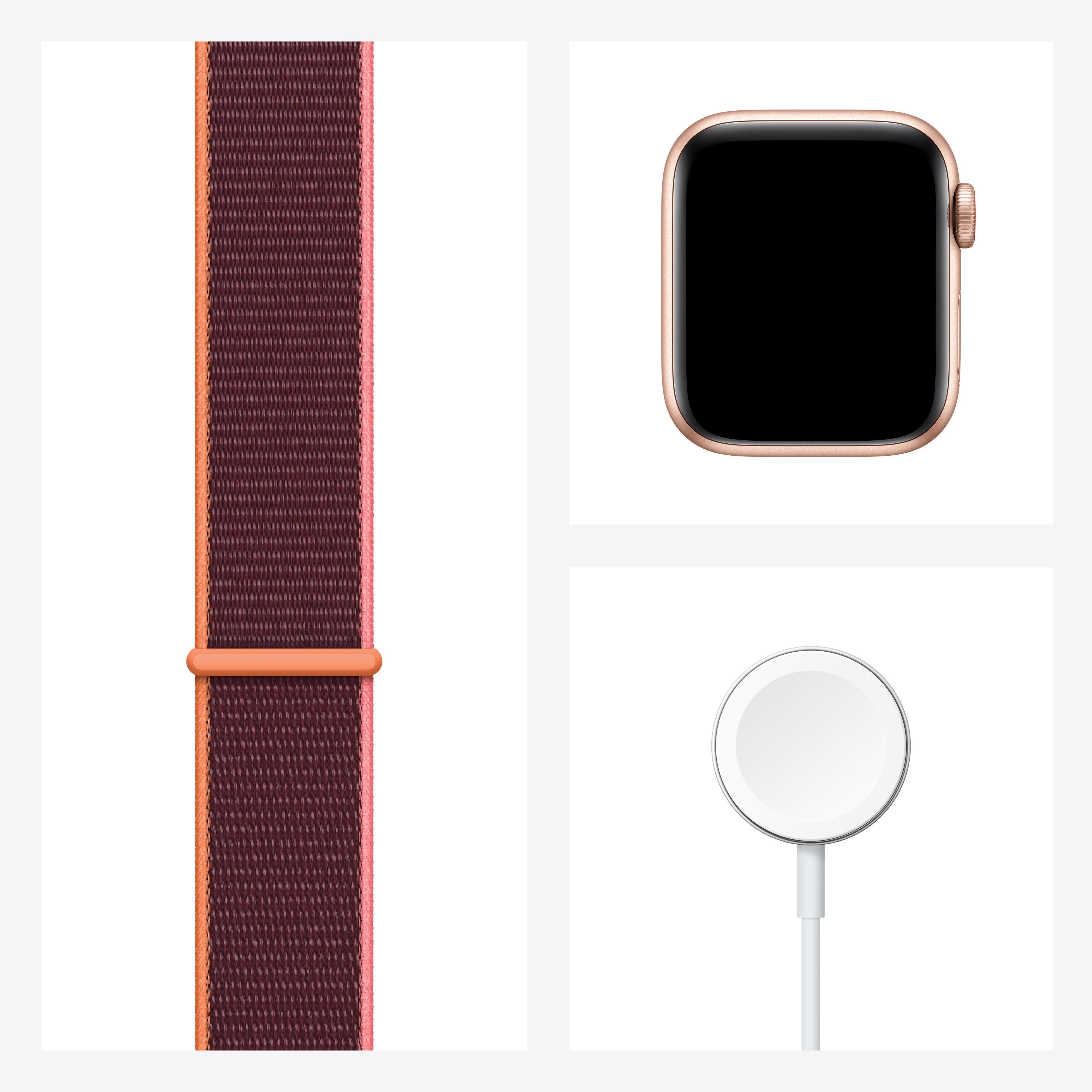 APPLE Watch SE (GPS + Cellular) 44mm Smartwatch Aluminium Nylon, 145 - 220 mm, Armband: Pflaume, Gehäuse: Gold