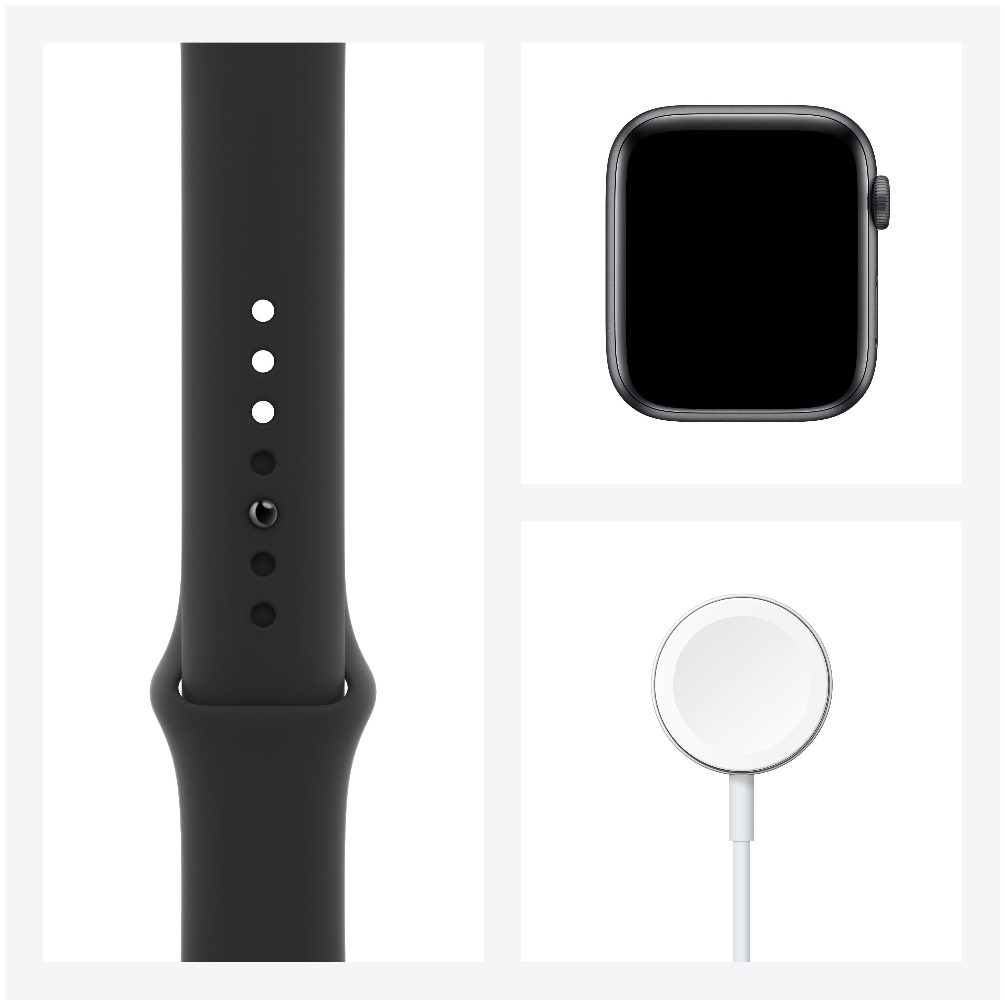 APPLE Watch SE (GPS + Cellular) 40mm Smartwatch Aluminium Fluorelastomer, 130 - 200 mm, Armband: Schwarz, Gehäuse: Space Grau
