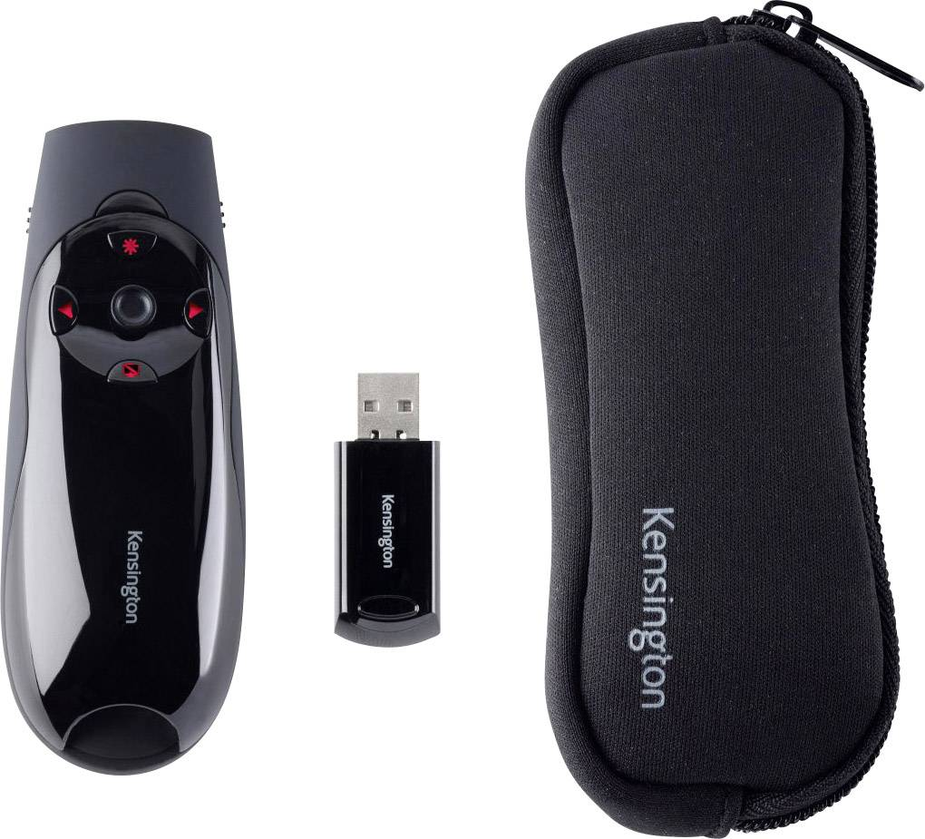 Egy fekete előadó, USB-vevővel és fekete tokkal. Minden elemen a Kensington logója látható.