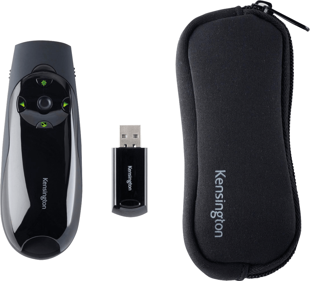Fekete Kensington prezentáló, USB vevő és tok fehér háttéren.