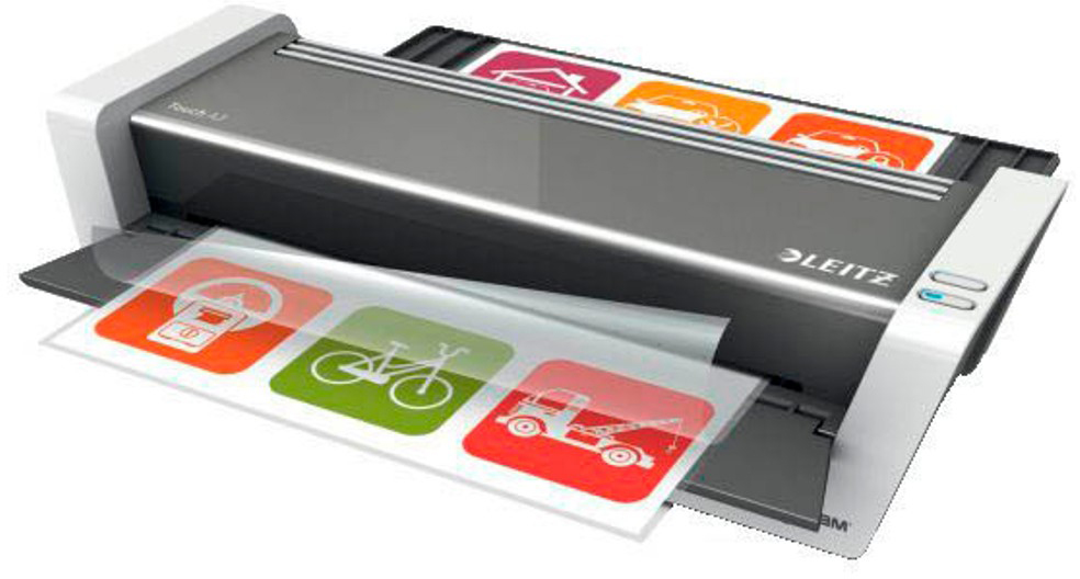 Leitz A3 laminálógép, laminált üzemanyag, kerékpár és vontató ikonokkal.