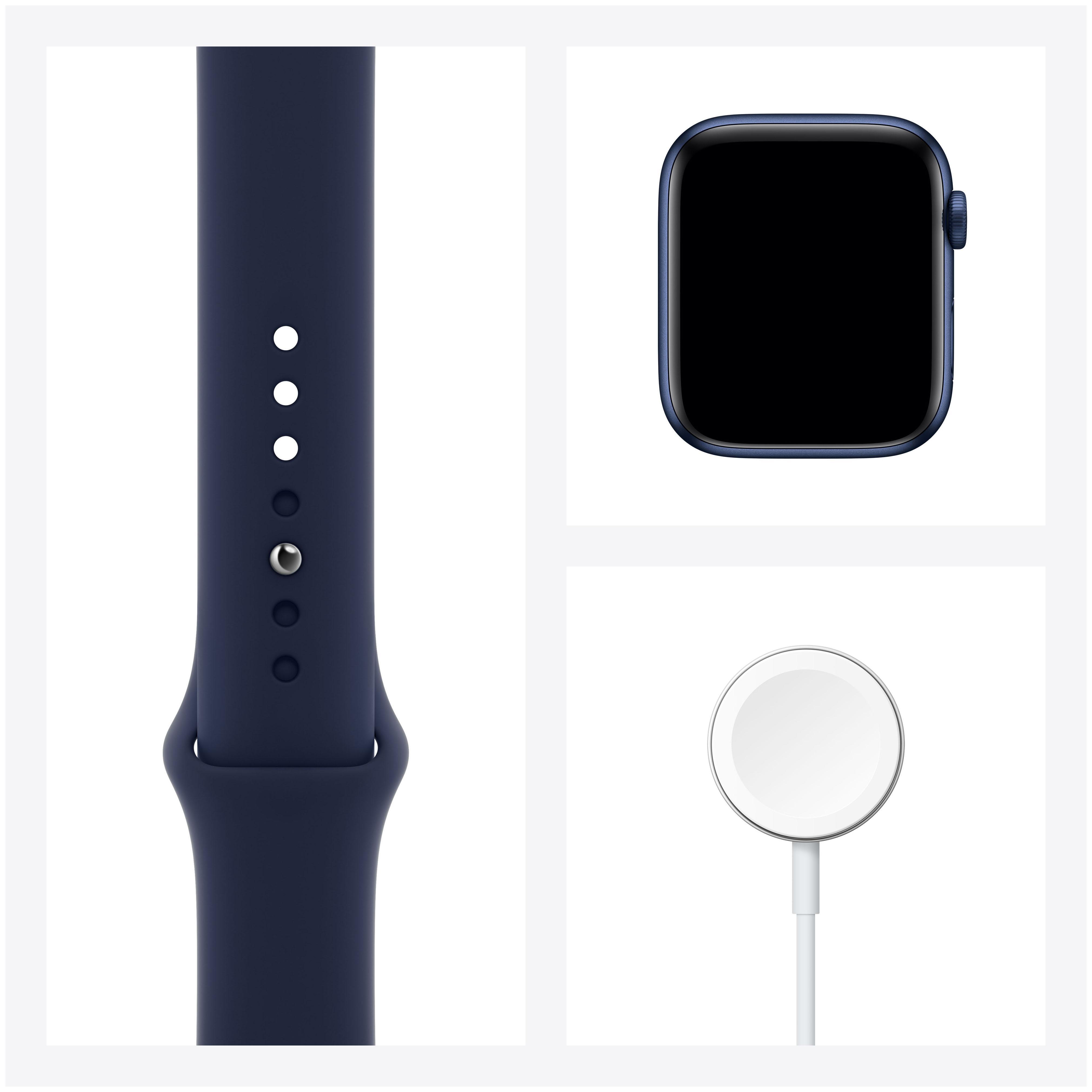 Apple Watch Komponenten: Armband, Zifferblatt und Ladegerät.