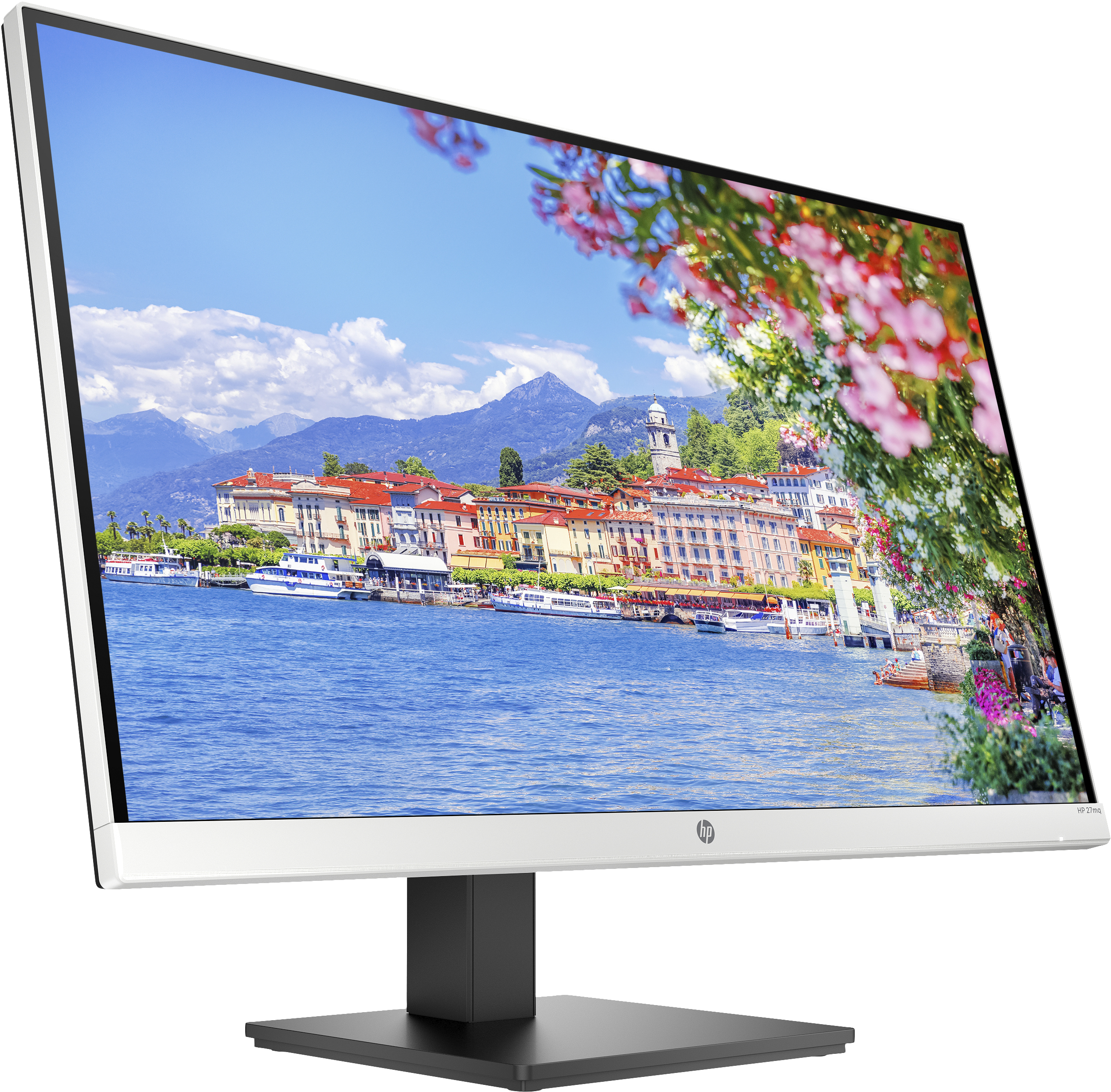 Ein Computermonitor, der eine malerische Aussicht auf eine Stadt am See zeigt.