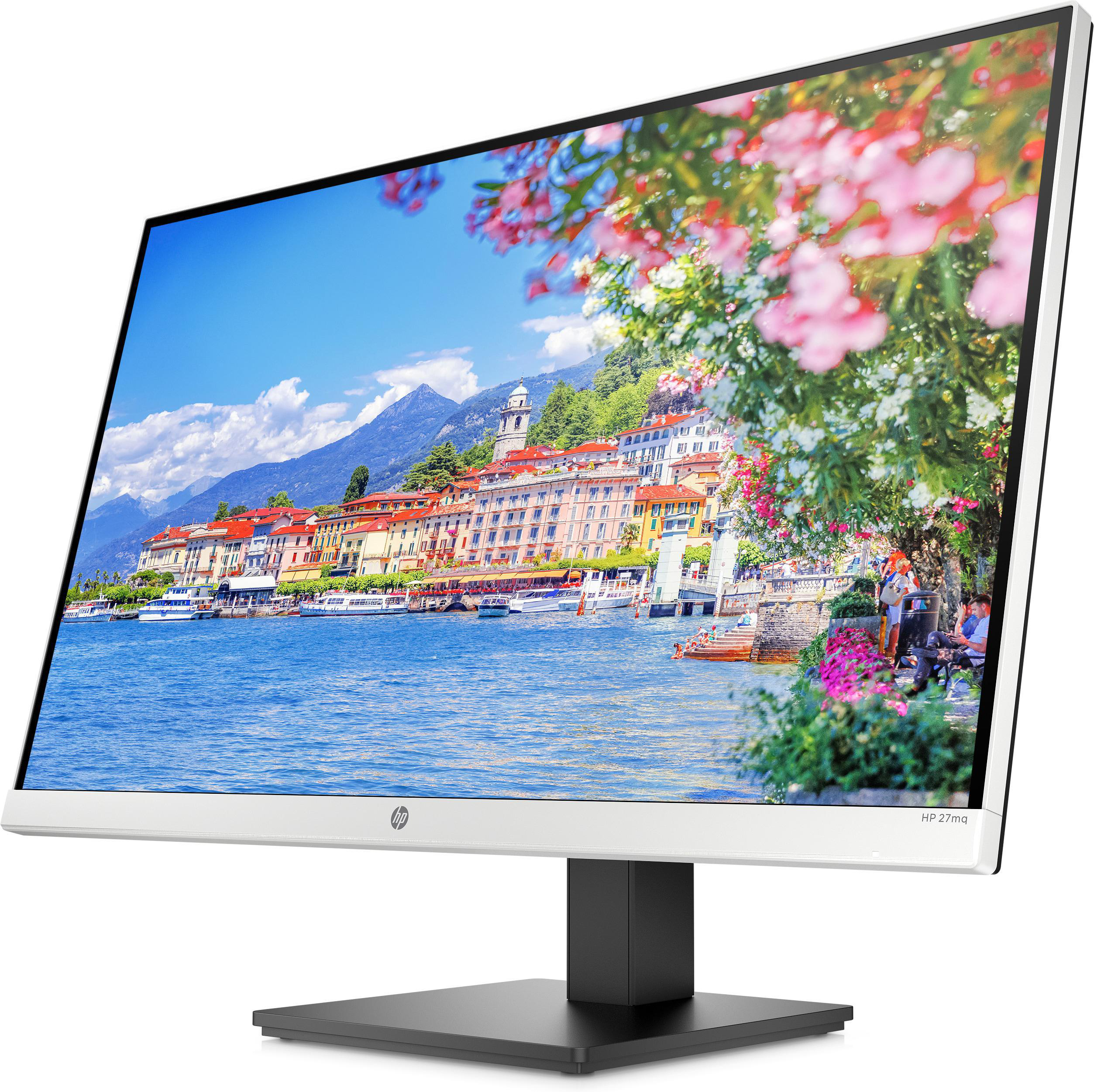 Ein HP-Monitor, der eine malerische Ansicht einer Uferstadt mit Blumen zeigt.