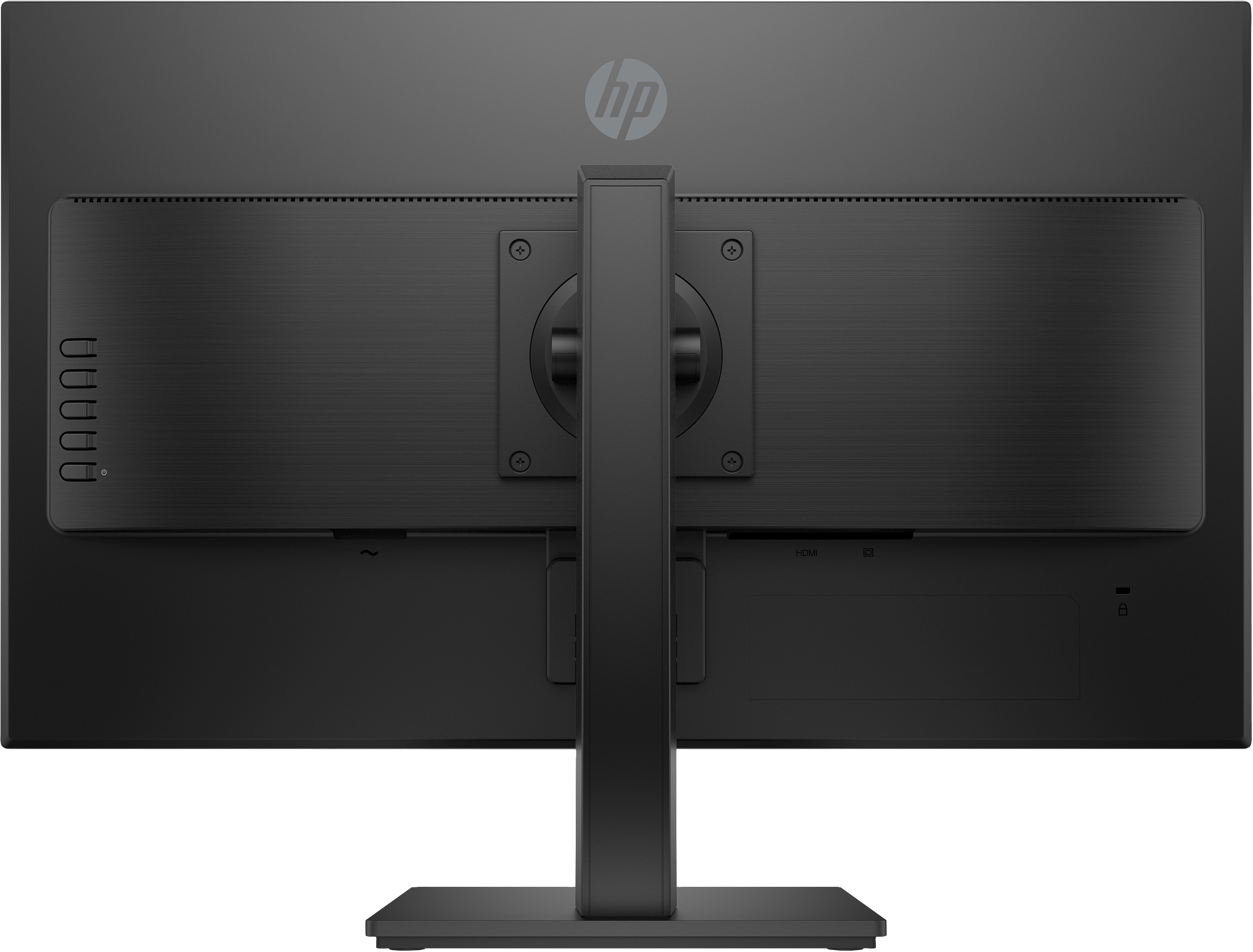 Rückseite eines schwarzen HP-Monitors mit Ständer. Er hat Anschlüsse, einen Ständer und das HP-Logo oben.