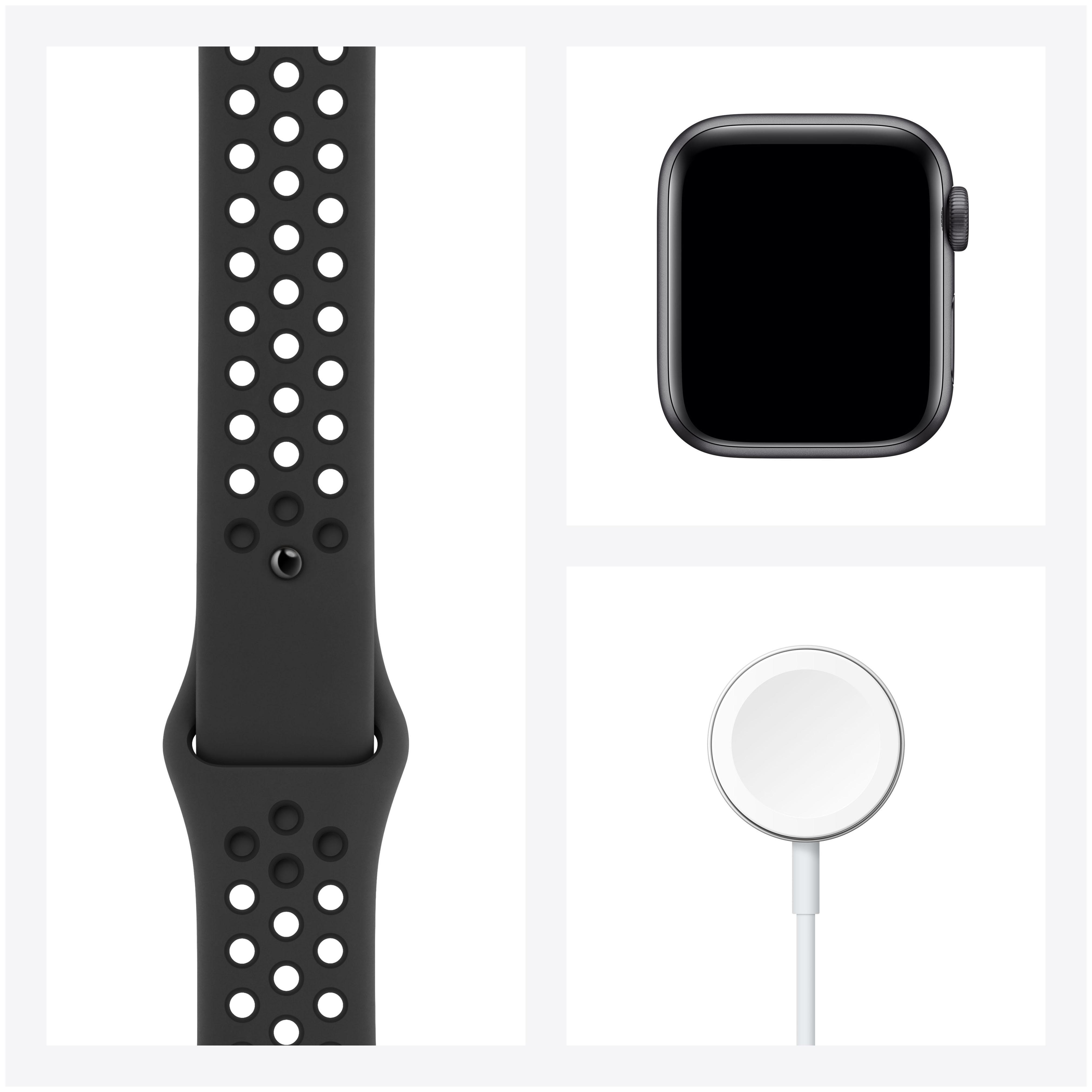 APPLE Watch SE Nike /Schwarz Fluorelastomer, Space 140 - 44mm mm, 220 Smartwatch (GPS) Grau
